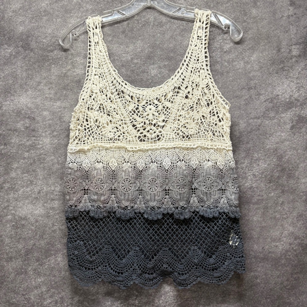 Y2K American Eagle Crochet Tank Top Size XS Ombre Cream Gray Lace Boho Festival